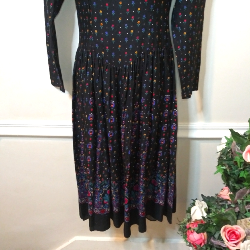 Gunne Sax Rare Vintage Cottageore Style Lace Collared Black Floral Midi Dress - Picture 3 of 14